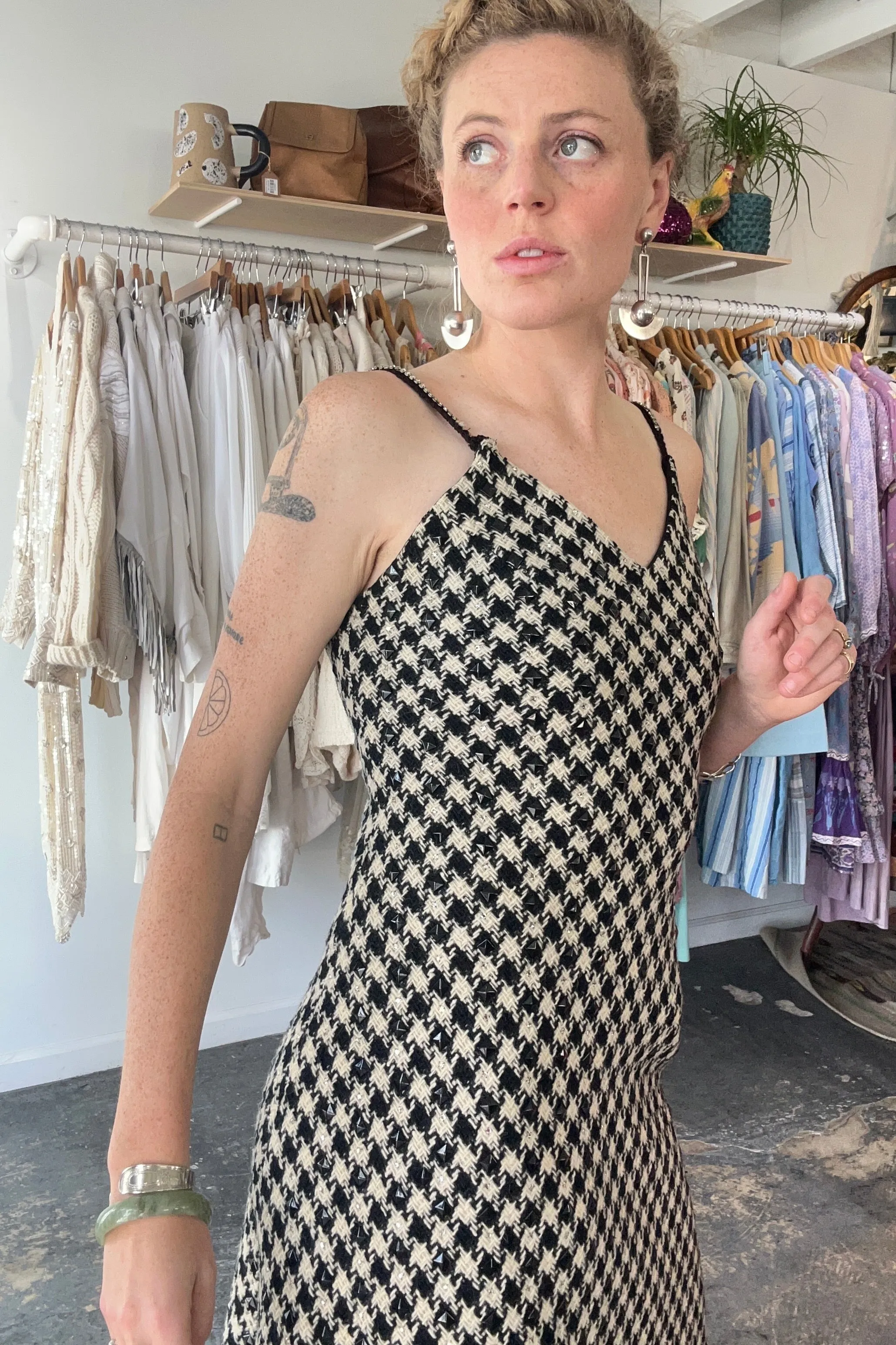 Vintage I. Magnin Woven Houndstooth Beaded Dress