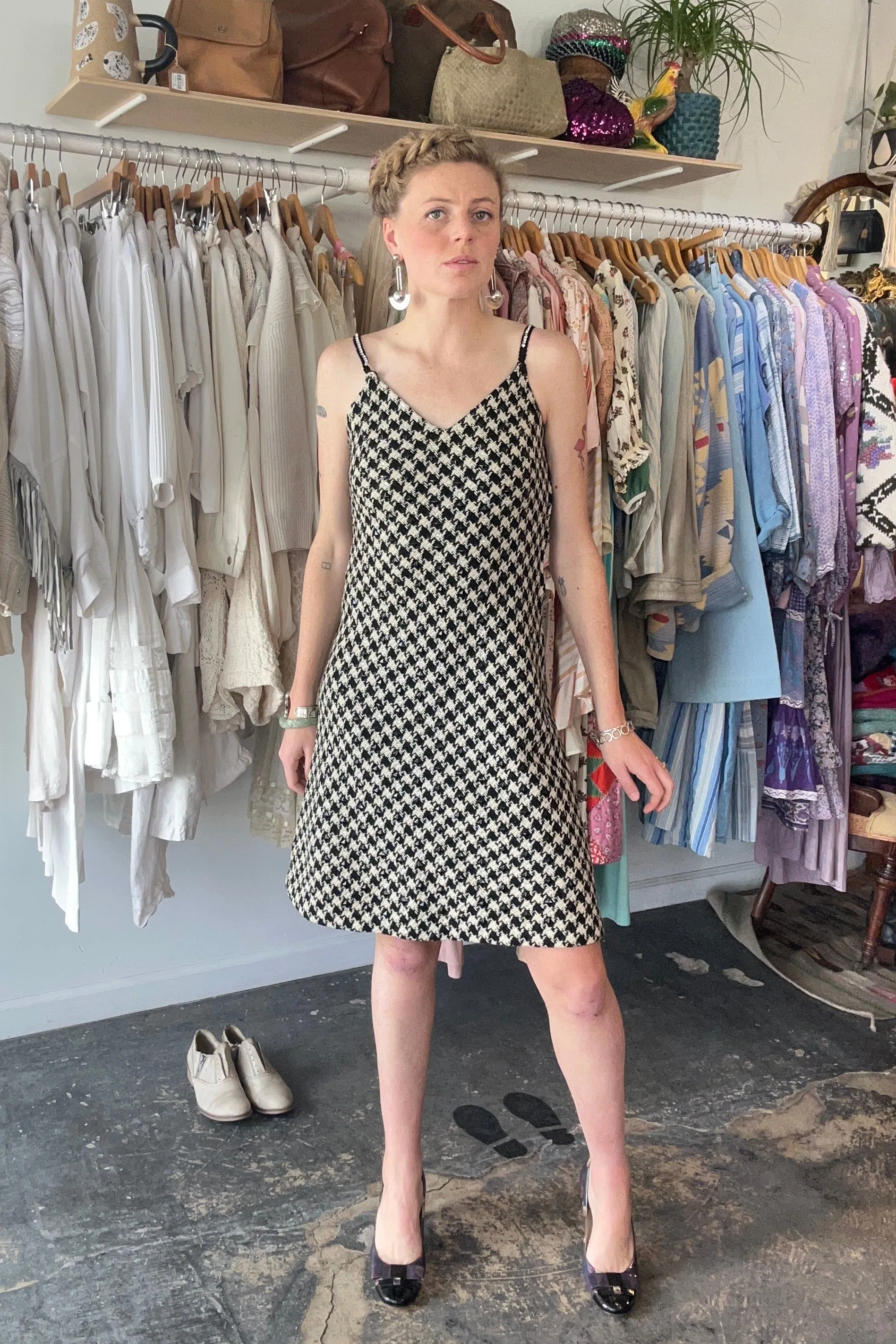 Vintage I. Magnin Woven Houndstooth Beaded Dress