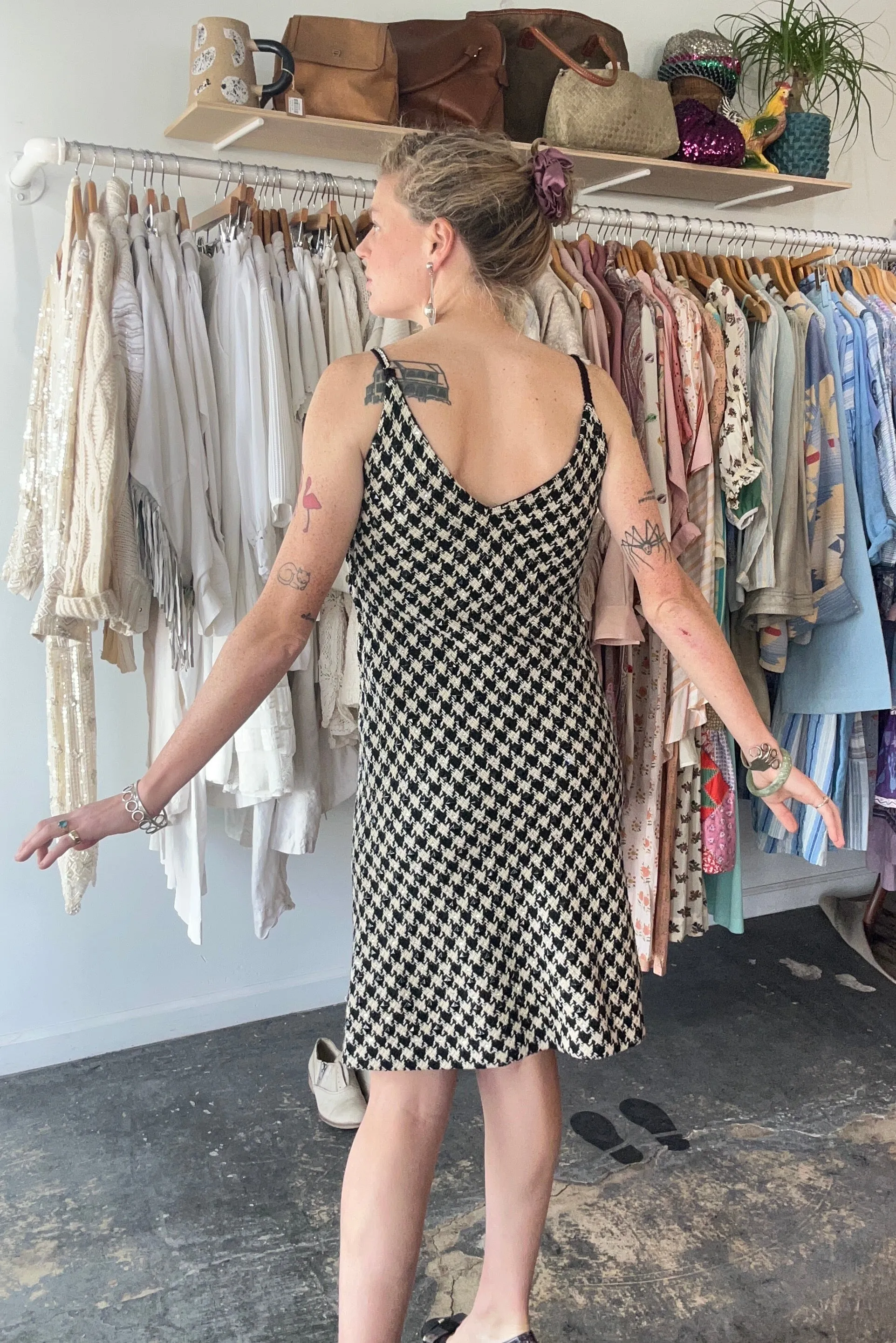 Vintage I. Magnin Woven Houndstooth Beaded Dress