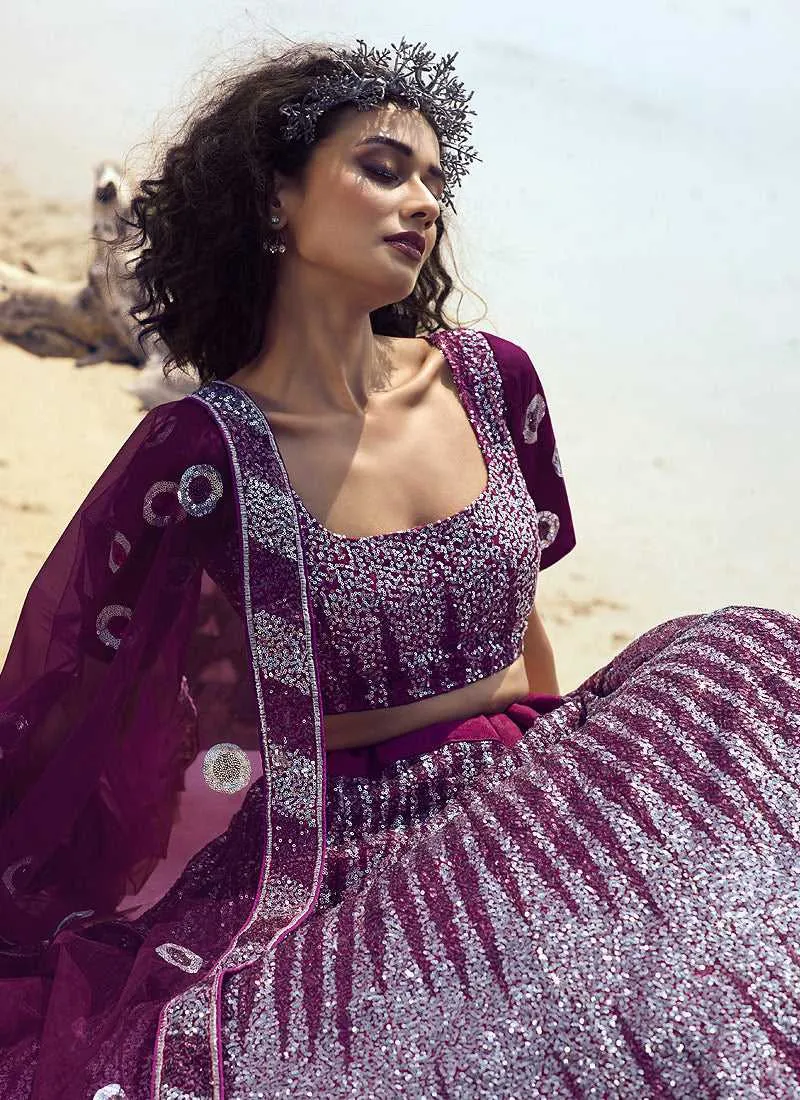 Wine Sequins Embroidered Stylish Lehenga Choli