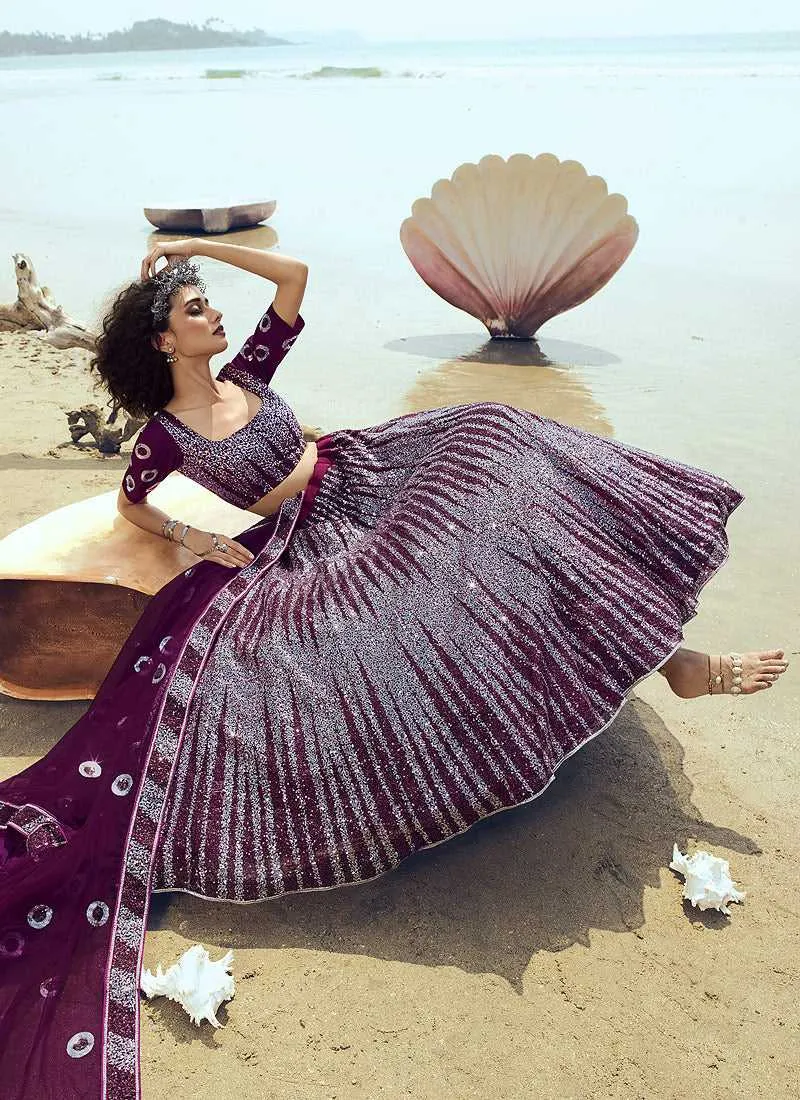 Wine Sequins Embroidered Stylish Lehenga Choli