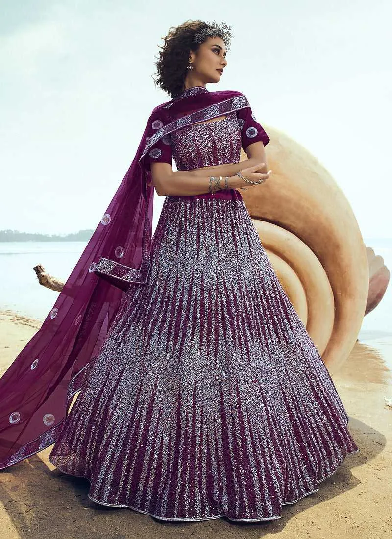 Wine Sequins Embroidered Stylish Lehenga Choli