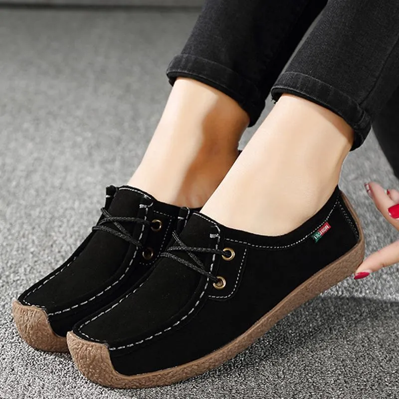 Women Flats Genuine Leather Loafers Lace Up Folding Moccasins New Women Casual Shoes