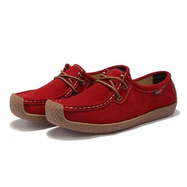 Women Flats Genuine Leather Loafers Lace Up Folding Moccasins New Women Casual Shoes