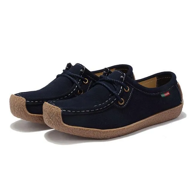 Women Flats Genuine Leather Loafers Lace Up Folding Moccasins New Women Casual Shoes