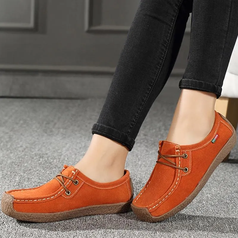 Women Flats Genuine Leather Loafers Lace Up Folding Moccasins New Women Casual Shoes