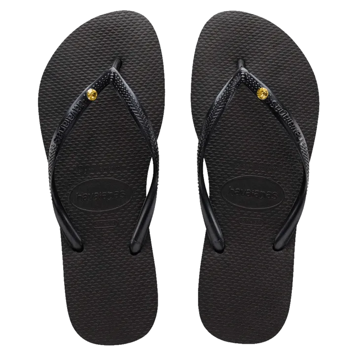 Womens Havaianas Slim Coloured Crystal Thongs - Black/Sunflower