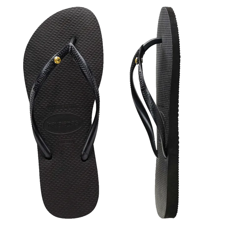 Womens Havaianas Slim Coloured Crystal Thongs - Black/Sunflower