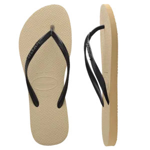 Womens Havaianas Slim Metal Logo Thongs - Sand Grey/Black
