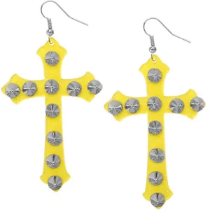 Yellow Glitter Studded Cross Earrings