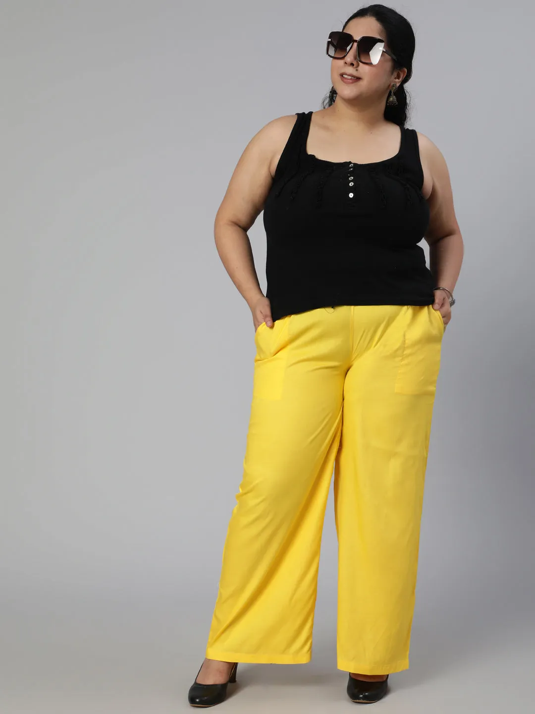 Yellow Solid Rayon Straight Palazzo