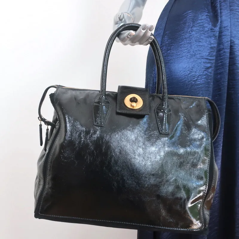 Yves Saint Laurent Muse Two Cabas Tote Black Patent Leather Large Shoulder Bag